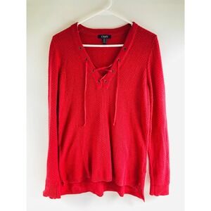 Chaps Sweater Women's Size Medium Red Knit Pullover Long Sleeve Laced Up V-neck